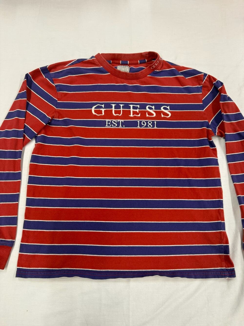 GUESS Men’s Medium Striped Long Sleeve Shirt Embroidered Logo Red Purple Y2K